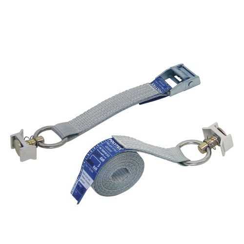 Lashing strap with cam buckle and single stud track fitting