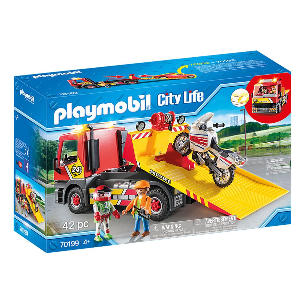 Abschleppwagen mit Motorrad und zwei Spielfiguren